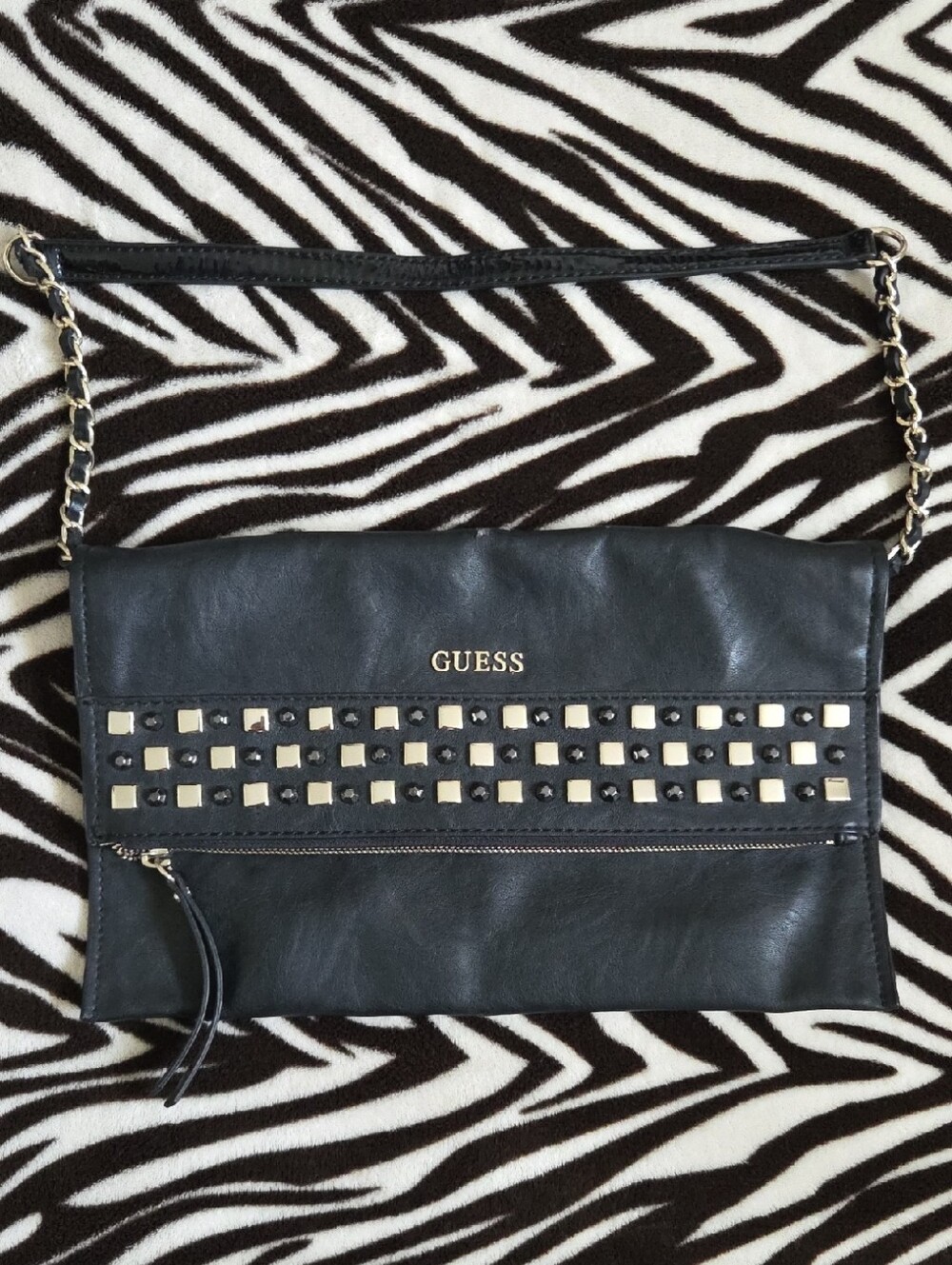 Guess Black Leather-Look Studded Chain Shoulder Bag